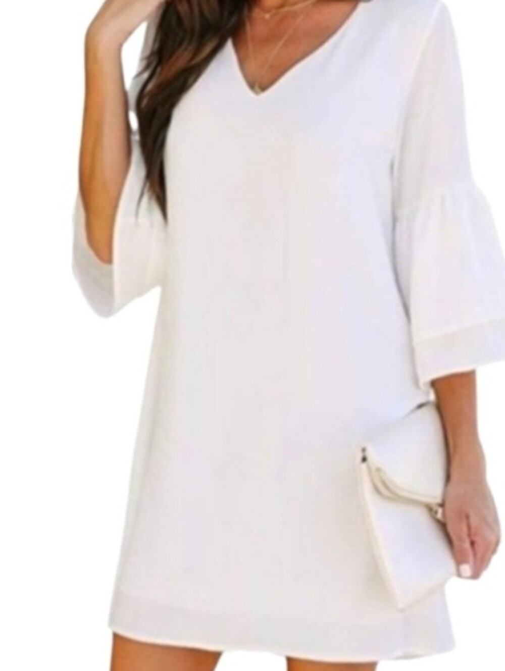 Belongsci Dress Boho Chic V NeckTiered 3/4 Bell Sleeves White Size S